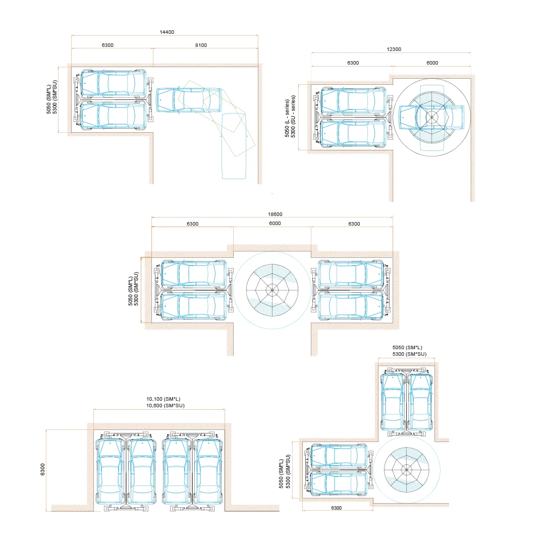 Plan and layout drawings for the L and SU series: single unit, units in a row, and the turntable option